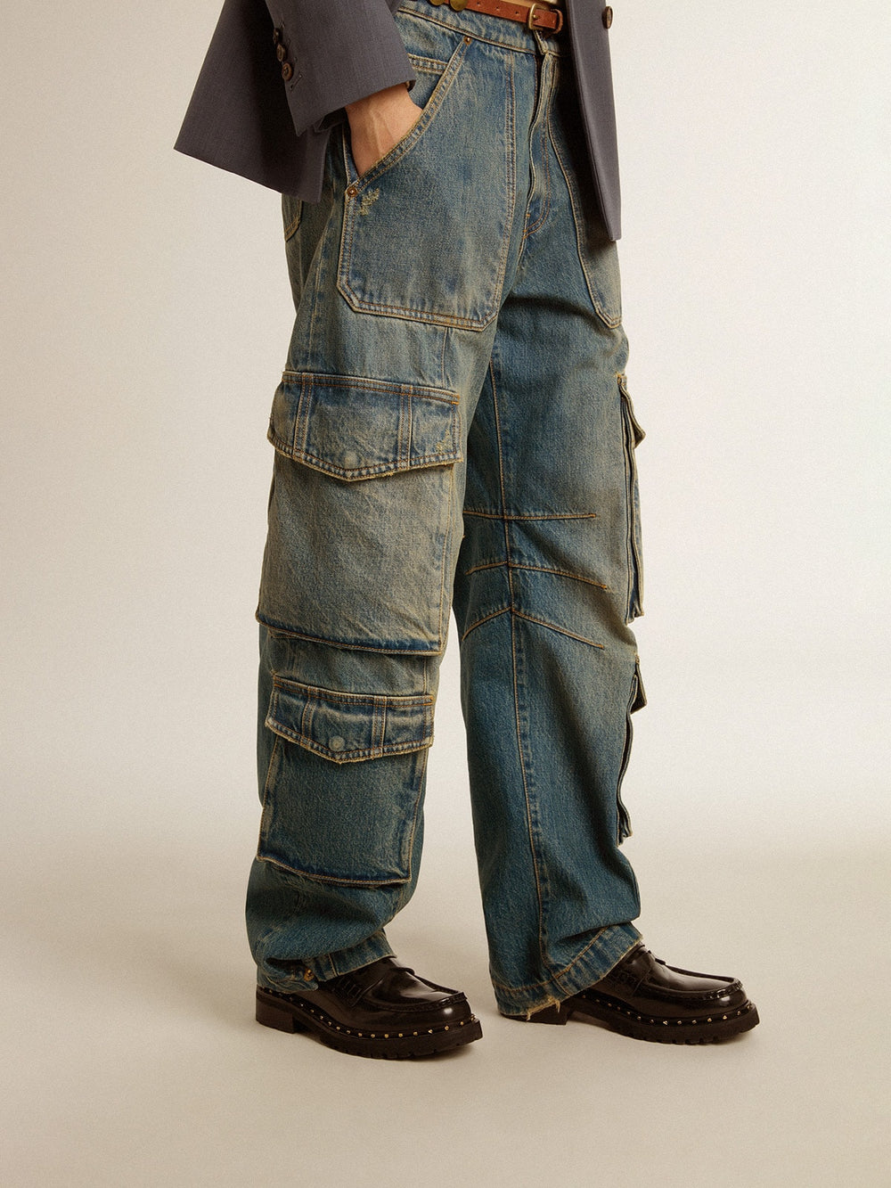 Blue jeans with a distressed finish