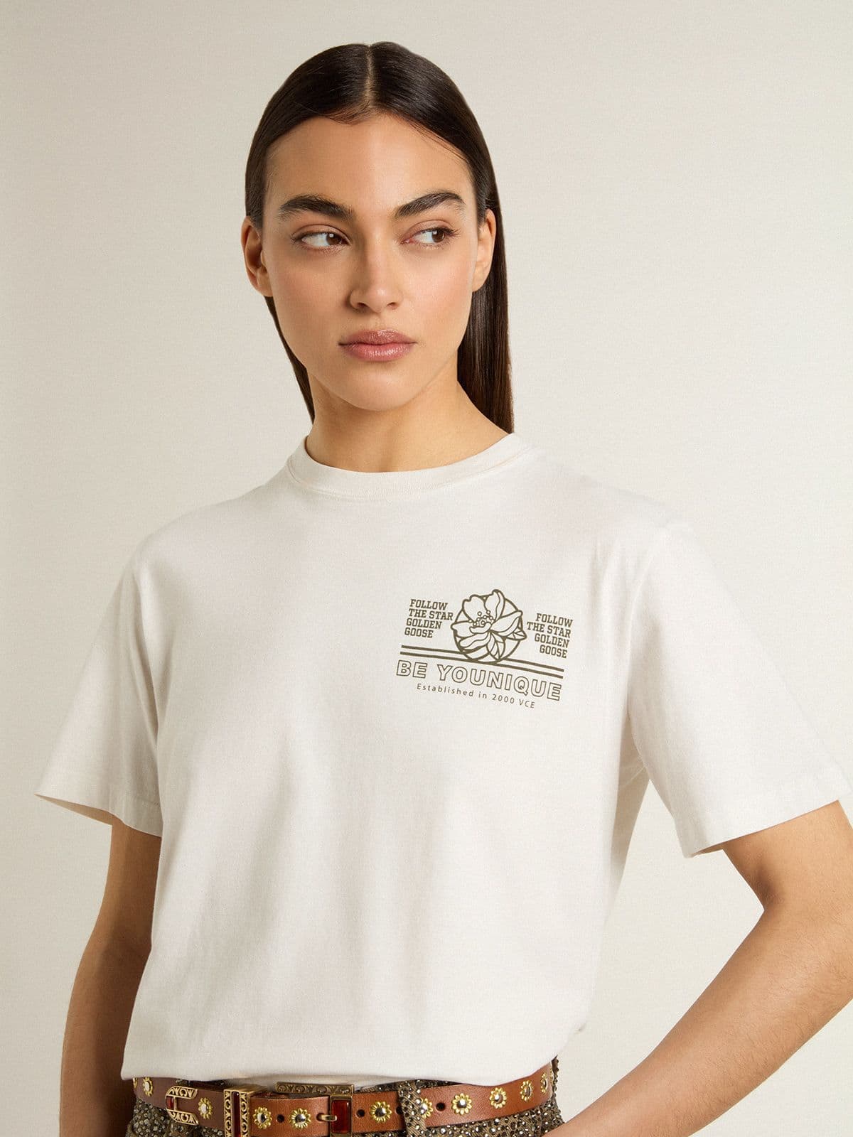 Women's white T-shirt with black print on the chest