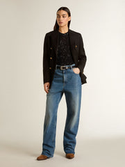 Black mesh knit top with sequins and contrasting details