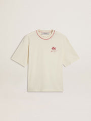 CNY worn-white sleeveless T-shirt with red embroidery