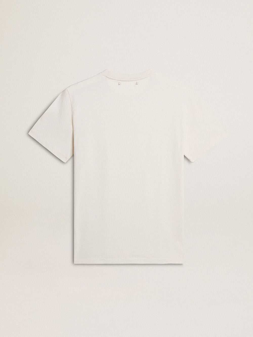 Women's worn-white cotton T-shirt with black lettering