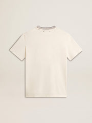Women's aged white cotton T-shirt with hand embroidery