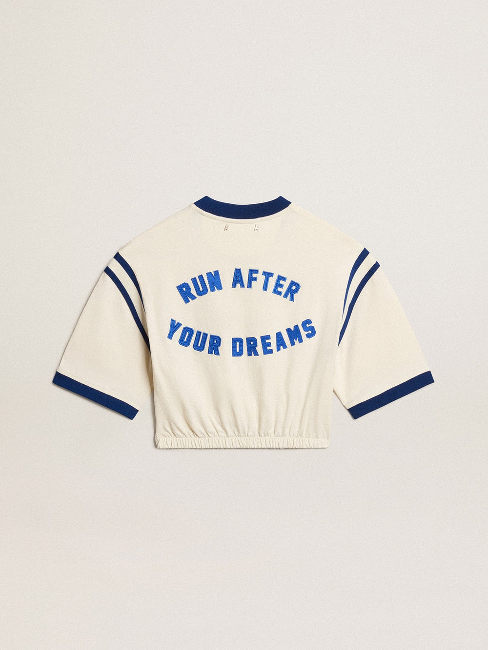 Aged white cotton cropped T-shirt with lettering on the back