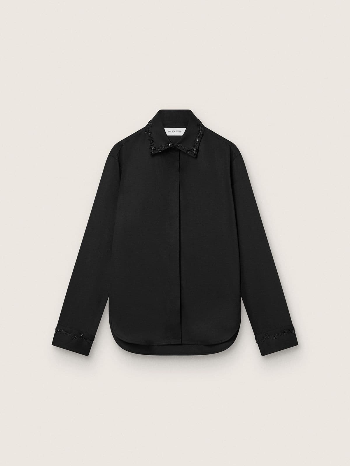 Women's shirt in black wool twill with floral embroidery in glass beads