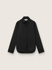 Women's shirt in black wool twill with floral embroidery in glass beads