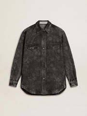 Women's black denim shirt with ton sur ton floral pattern