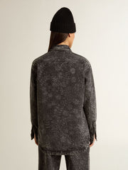 Women's black denim shirt with ton sur ton floral pattern