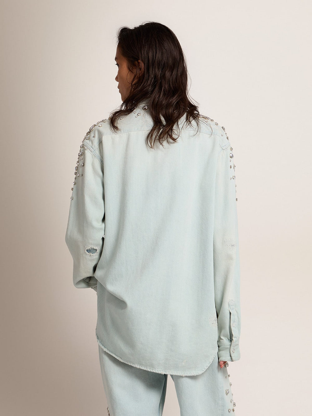Women's bleached boyfriend shirt with cabochon crystals