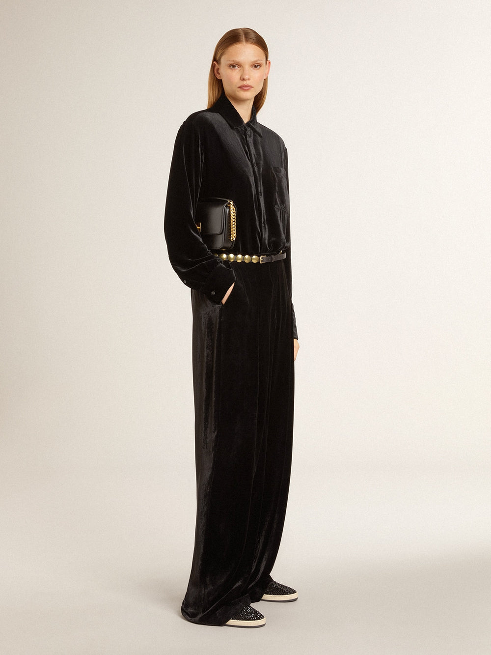 Velvet-effect black shirt with embroidery