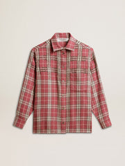 Women's shirt with pink, sand and gray check embroidery
