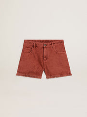 Women's shorts in brick-red denim with Golden Mediterraneo embroidery