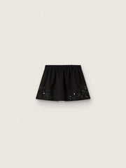 Women’s miniskirt in black cotton twill with floral sequin embroidery