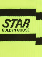 Neon yellow sports socks with black stripes