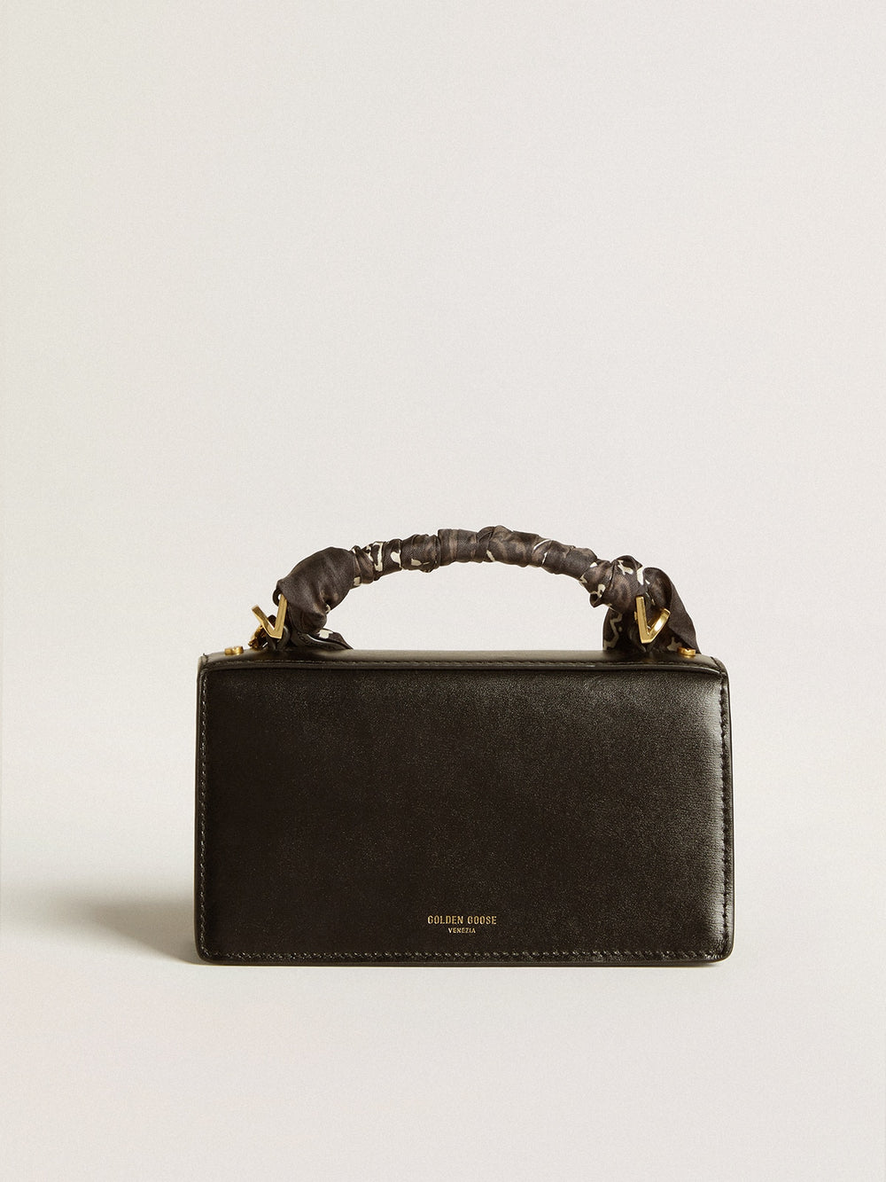 Small Venezia Bag in black boarded leather with silk scarf and charm