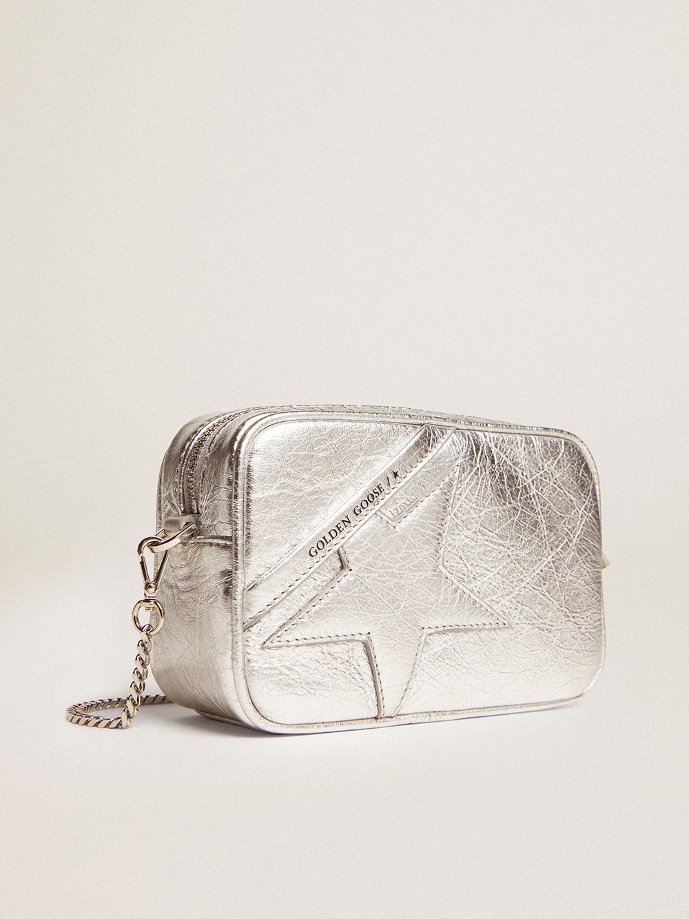 Women's Mini Star Bag in silver laminated leather with tone-on-tone star