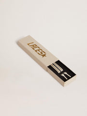 Cotton laces with silver Swarovski crystals and gold-colored logo