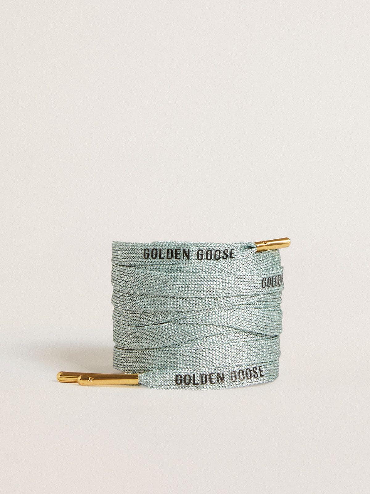 Gray Lurex laces with contrasting black logo