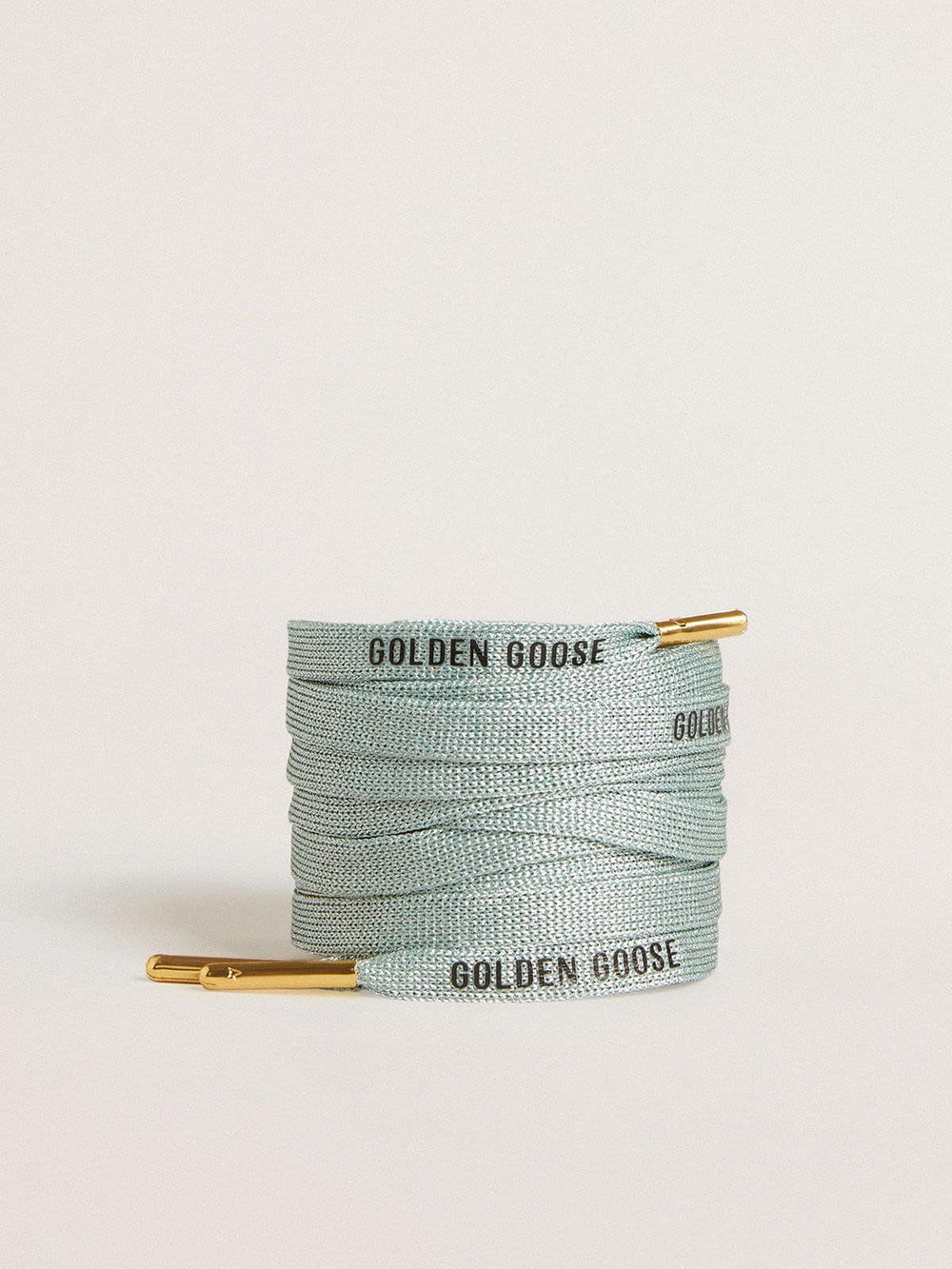 Gray Lurex laces with contrasting black logo