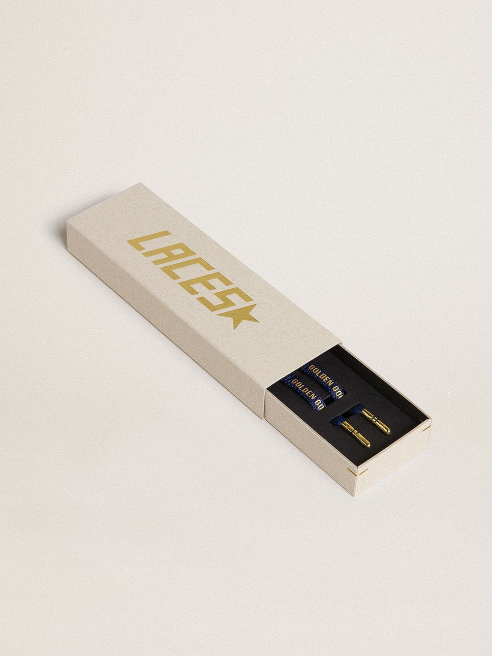 Blue cotton laces with contrasting gold-colored logo
