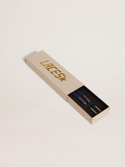 Navy blue cotton laces with contrasting gold logo