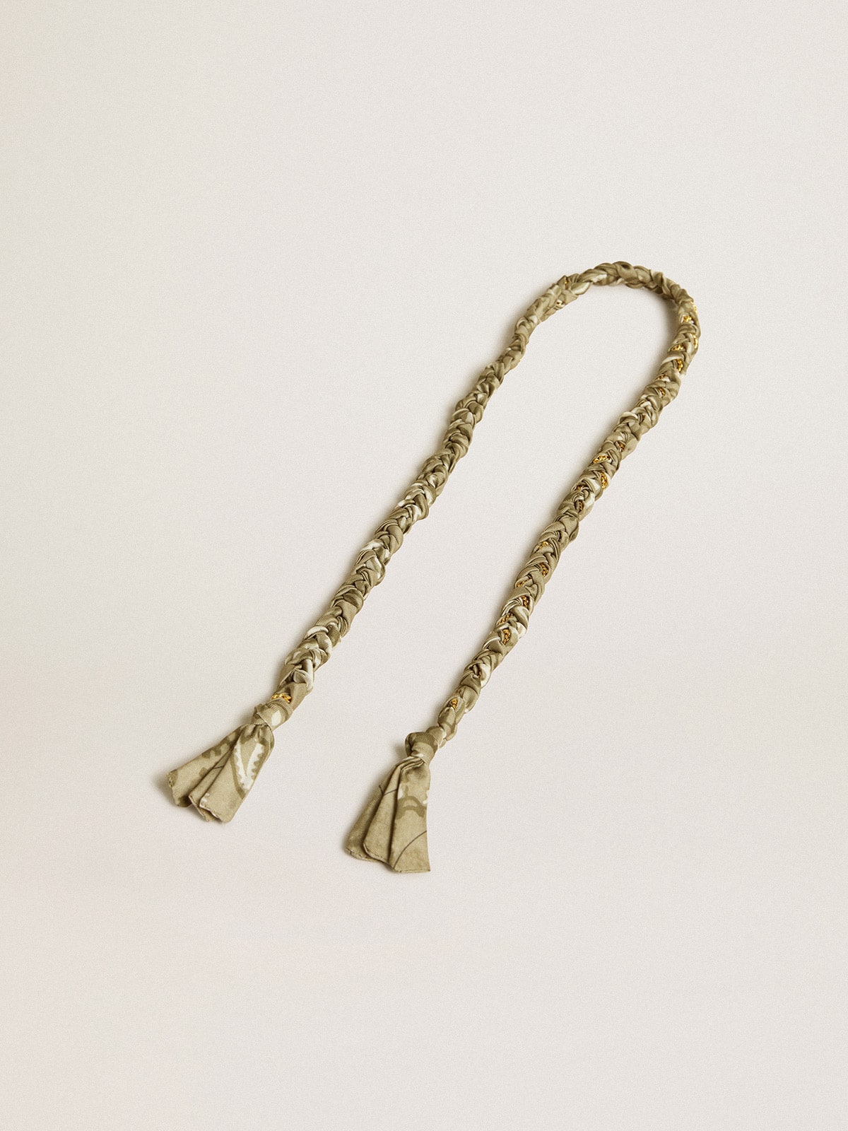Dove-gray braided fabric charm with brass chain