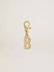 Letter B charm in gold-colored brass with crystals