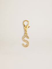 Letter S charm in gold-colored brass with crystals