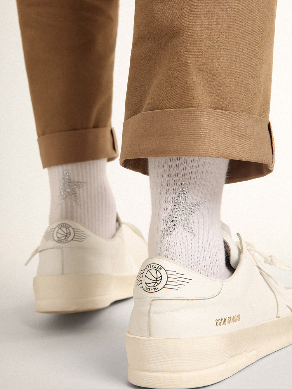 White socks with crystal star on the back