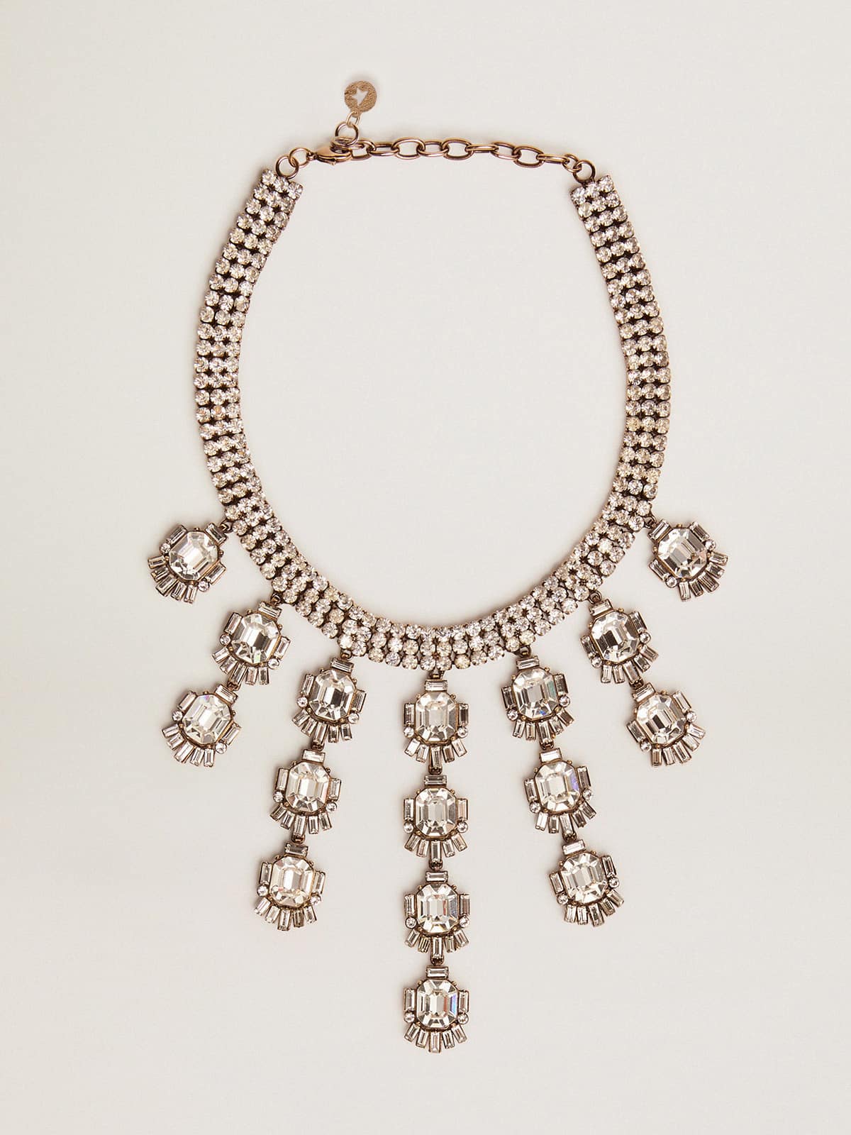Women's necklace in antique gold color with drop crystals