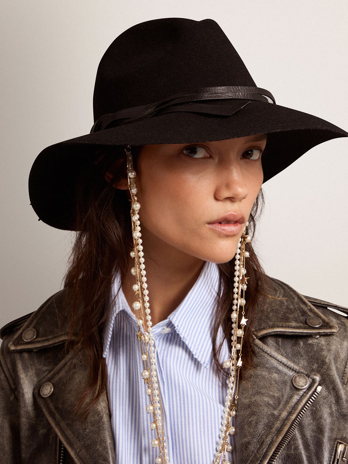 Women’s black Fedora hat with strap | Golden Goose