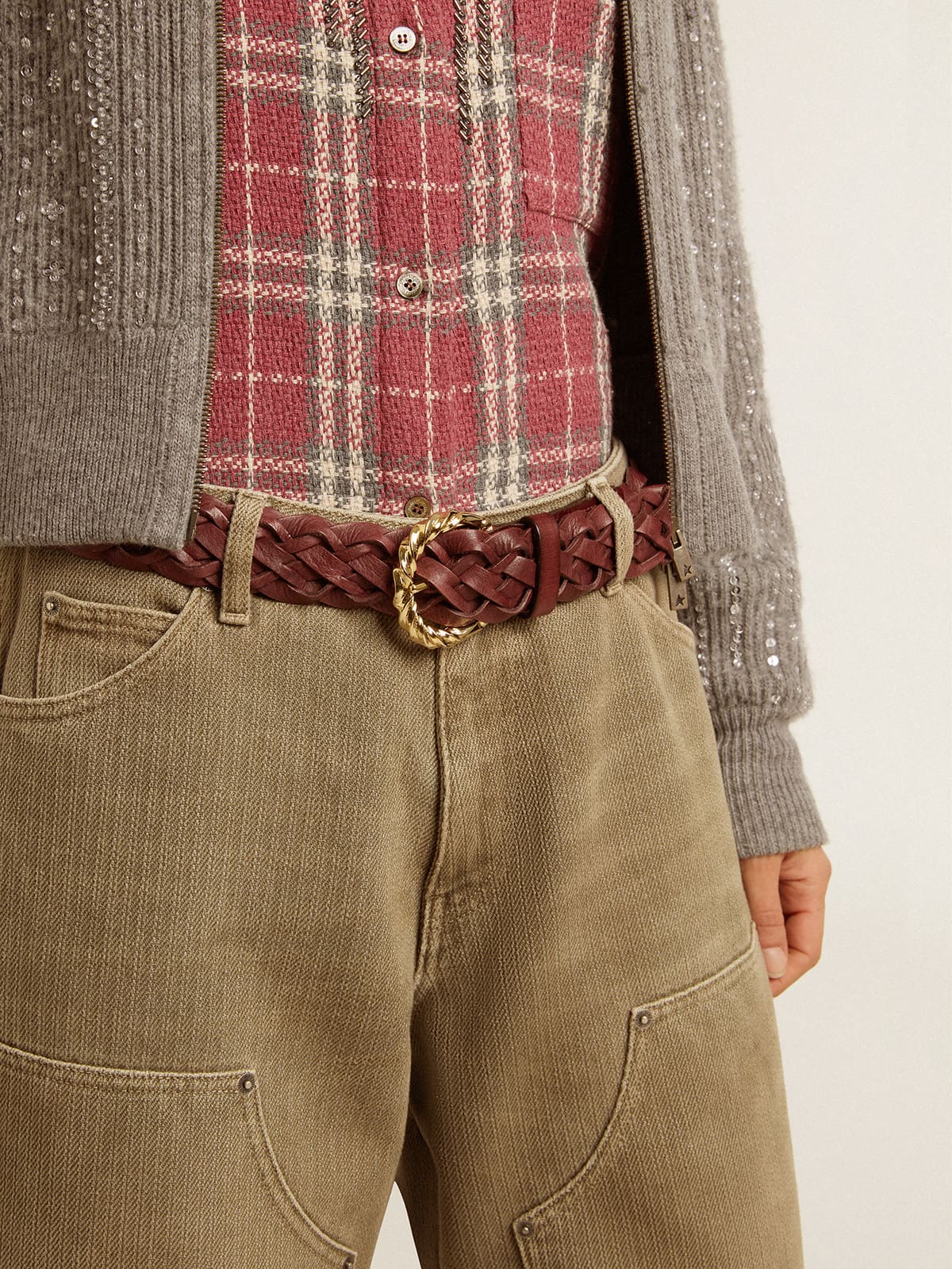 Women’s burgundy woven leather belt