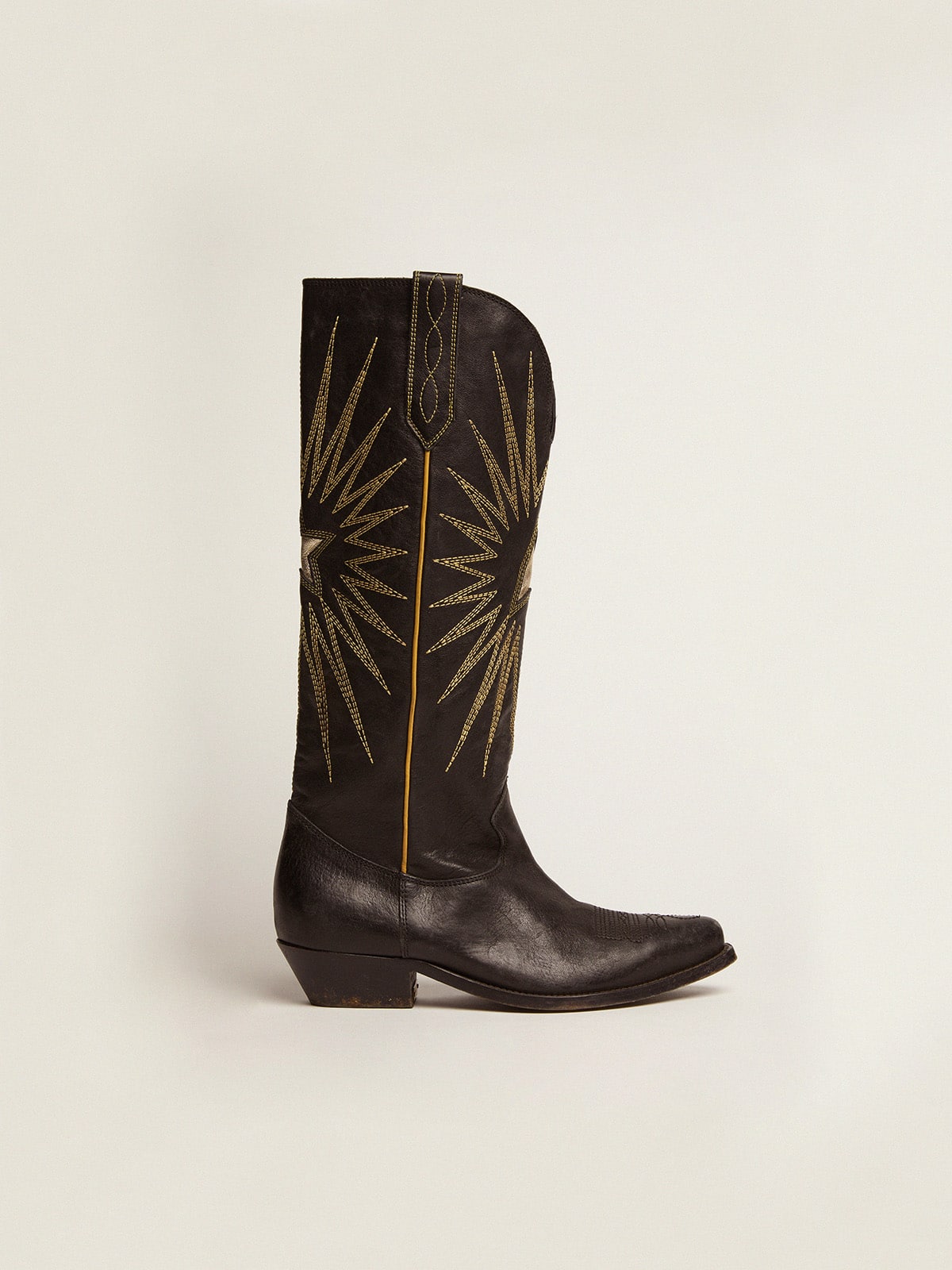 Wish Star boots in black leather with platinum laminated leather inlay star