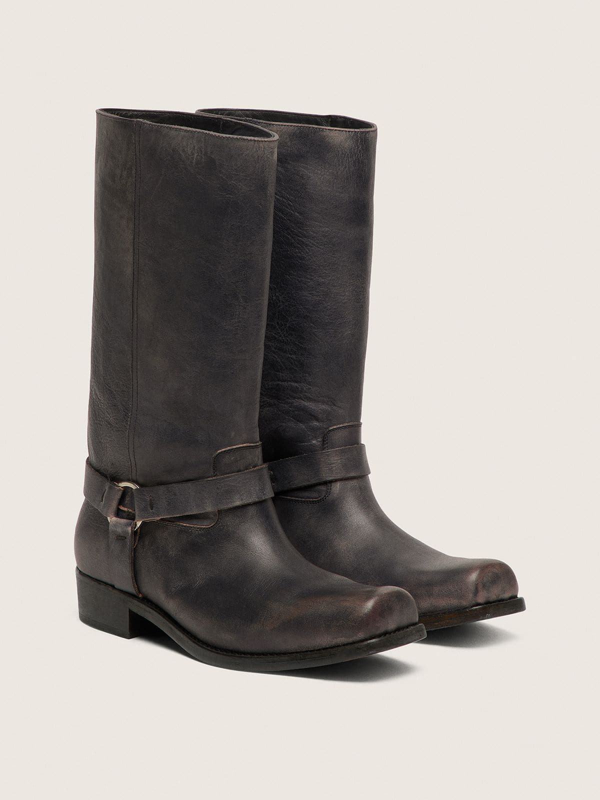 Women's high Biker boots in black leather with strap and silver-colored buckle