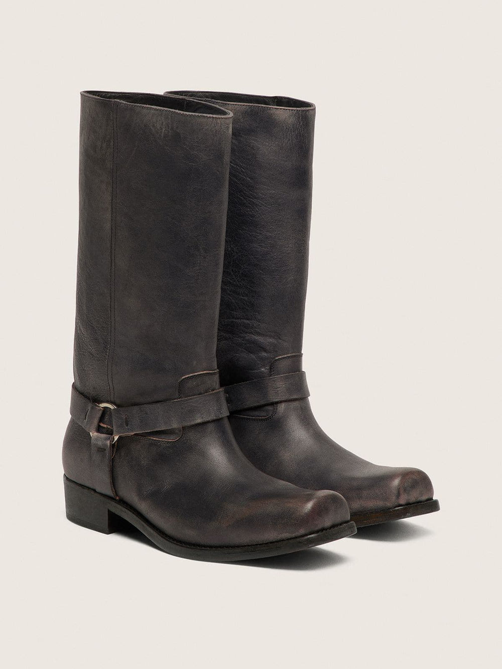 Women's high Biker boots in black leather with strap and silver-colored buckle
