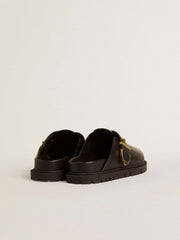 Women's Lucy Sabot in glossy black leather with gold metal buckle
