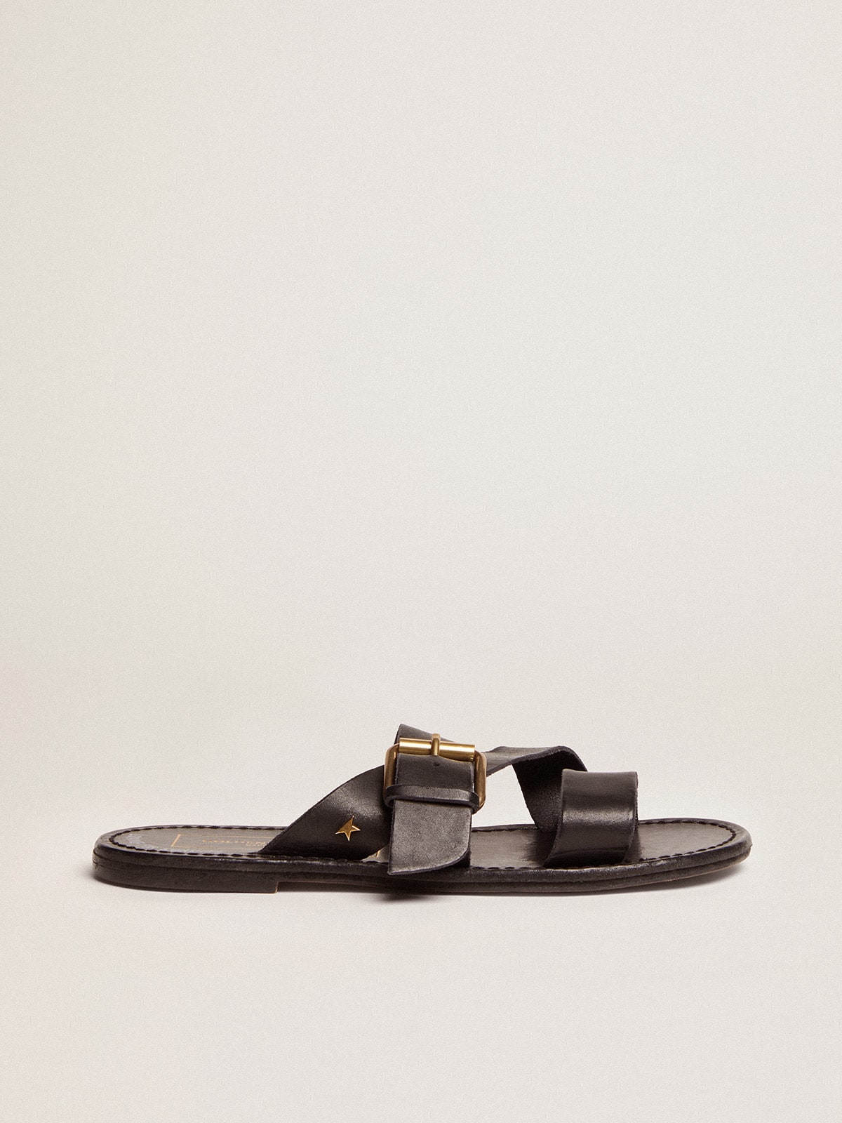 Black leather flat sandals with buckle Margaret | Golden Goose