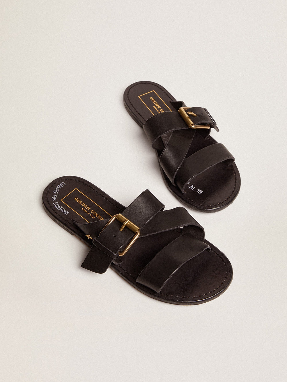 Black leather flat sandals with buckle Margaret | Golden Goose