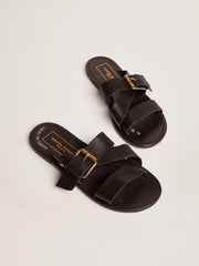 Black leather flat sandals with buckle Margaret | Golden Goose