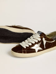 Men's Super-Star in cognac velvet with metallic leather star and heel tab
