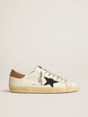 Men's Super-Star in white leather with midnight-blue canvas star and tobacco leather heel tab