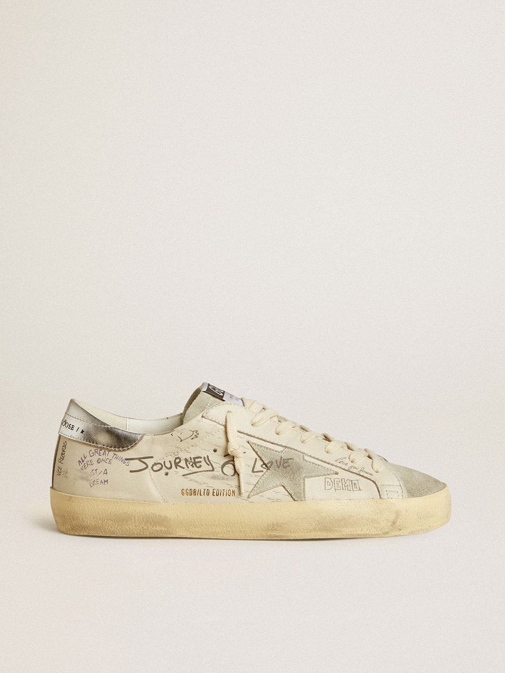 Men's Super-Star  in white leather with all-over lettering and ice-gray suede star