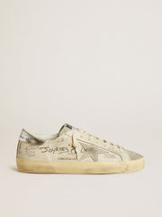 Men's Super-Star  in white leather with all-over lettering and ice-gray suede star