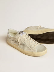 Men's Super-Star  in white leather with all-over lettering and ice-gray suede star