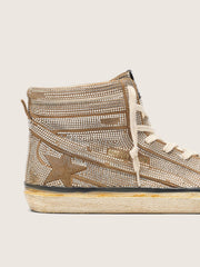 Men's Slide LAB sneakers in tobacco-colored suede with crystals and tobacco-colored suede star