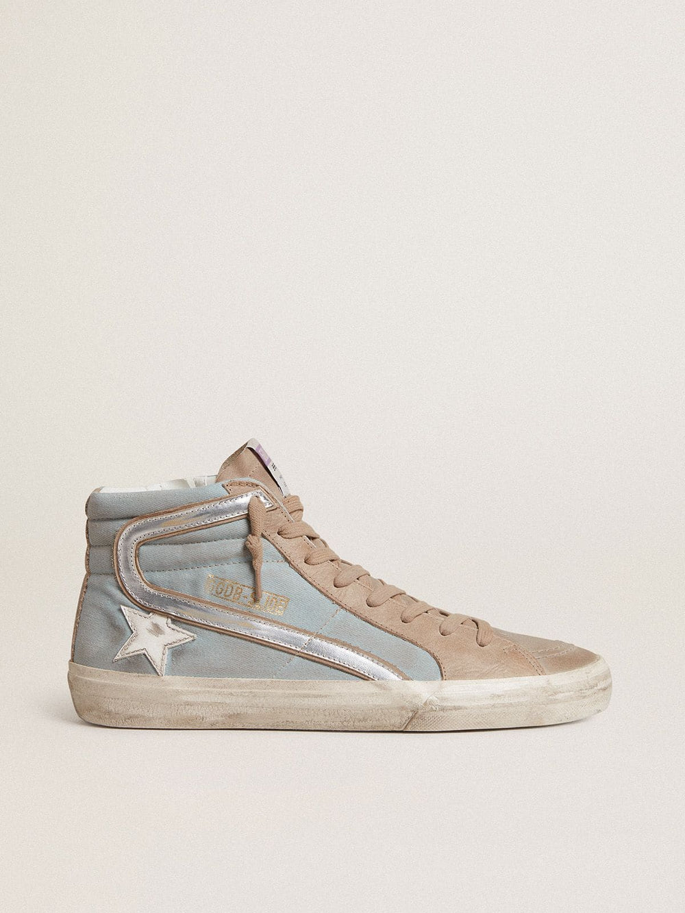 Men's Slide in light blue canvas with silver metallic leather flash