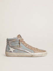 Men's Slide in light blue canvas with silver metallic leather flash
