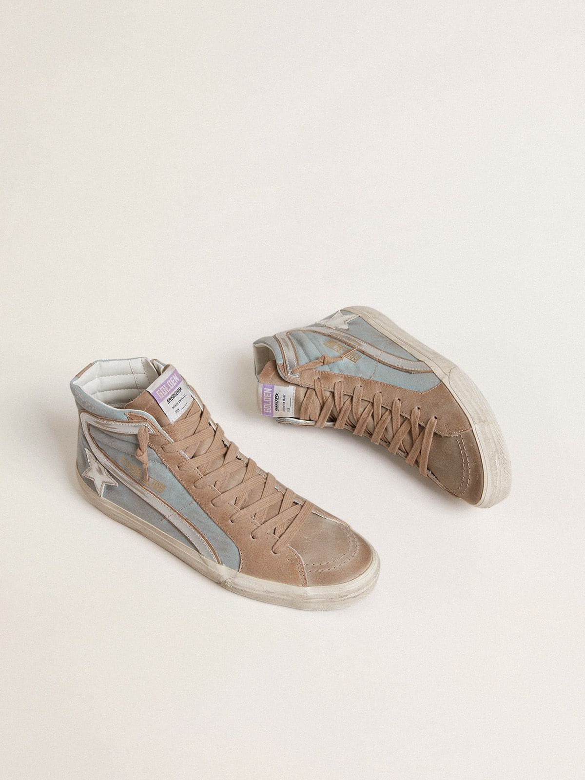 Men's Slide in light blue canvas with silver metallic leather flash