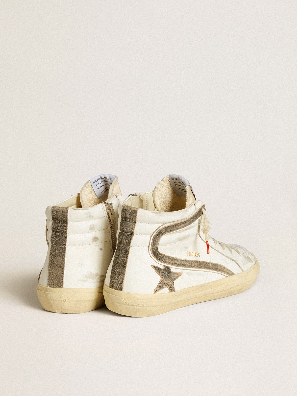 Men’s Slide LAB in white leather with star and flash in brown suede