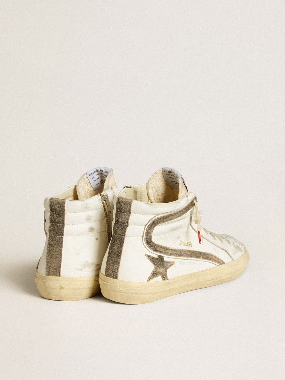 Men’s Slide LAB in white leather with star and flash in brown suede