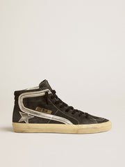 Slide in black suede with silver metallic leather star and flash